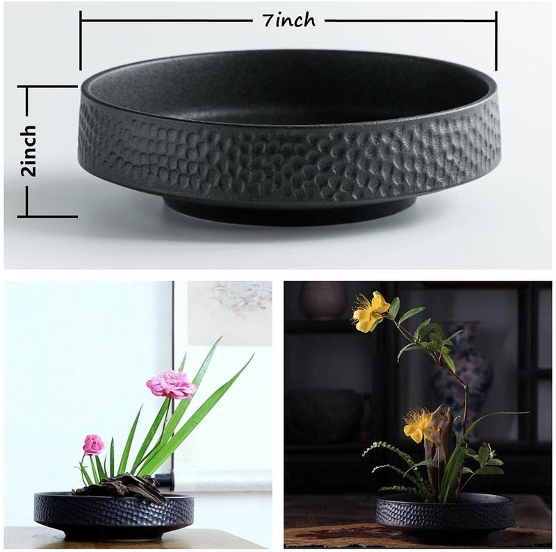 Eggone Japanese Ikebana Vase Kit, Flower Shallow Container Ceramics Ikebana Vase with 1.57inch Flower Frog and Floristry Floral Frog Kenzan Needle Straightening Tool (Hammer Pattern Bowl) - Image 2